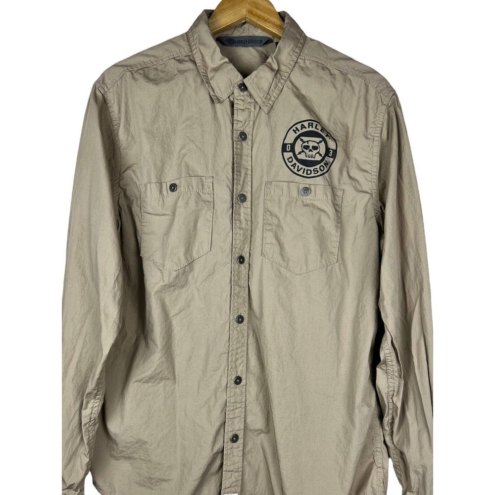 Harley Davidson Mens Large Beige Long Sleeve Button Up Shirt